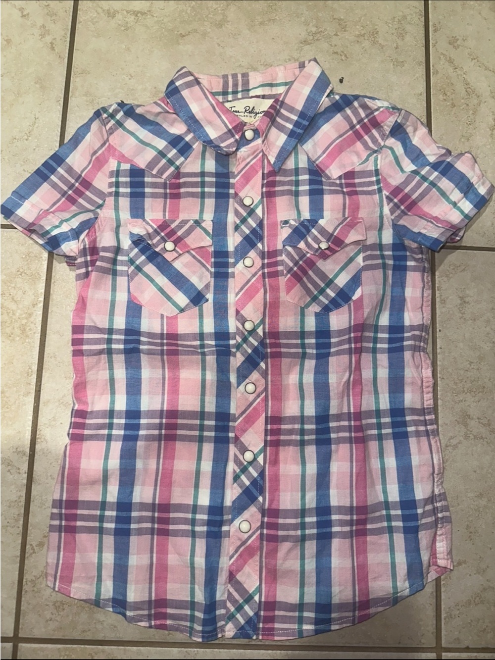 Girls True Religion Plaid Snap Button Western Shirt Size Large Pink Blue
